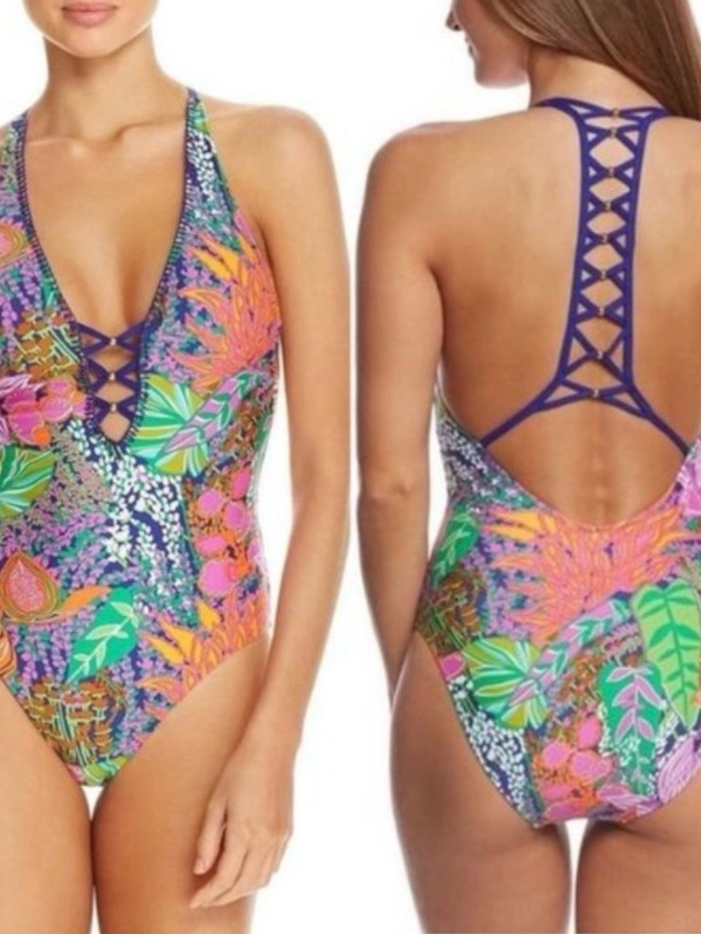 Trina Turk Multicolor Tropical Lace-Up One-Piece Swimsuit - Picture 6 of 6